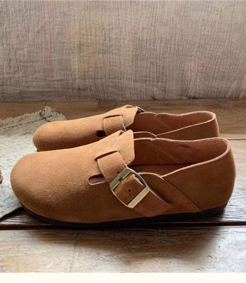 2021勃肯鞋森系复古真皮大圆头懒人舒适平底百搭休闲女单鞋 驼色加绒 