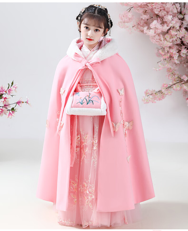 冬天加厚汉服女童秋冬新款女宝国风唐装新年拜年服儿童仙女古装斗篷冬