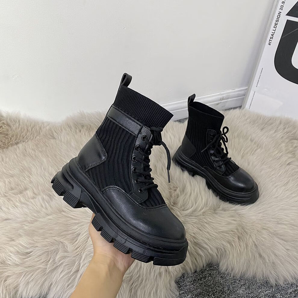 针织马丁靴女秋季新款2021年厚底休闲系带短靴黑色休闲气质时尚潮便宜