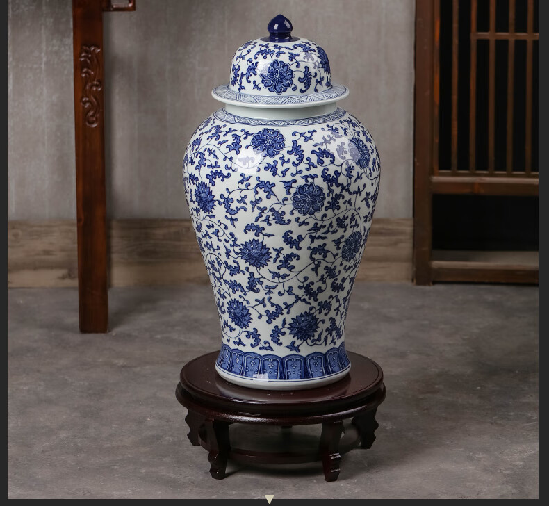 景鑫景德镇陶瓷将军罐手绘仿古青花瓷瓶中式落地客厅大号带盖花瓶摆件