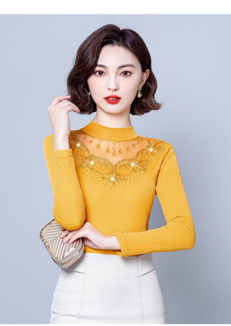 衫女秋季百搭蕾丝刺绣修身显瘦半高领洋气外穿打底衫黄色加绒款2xl