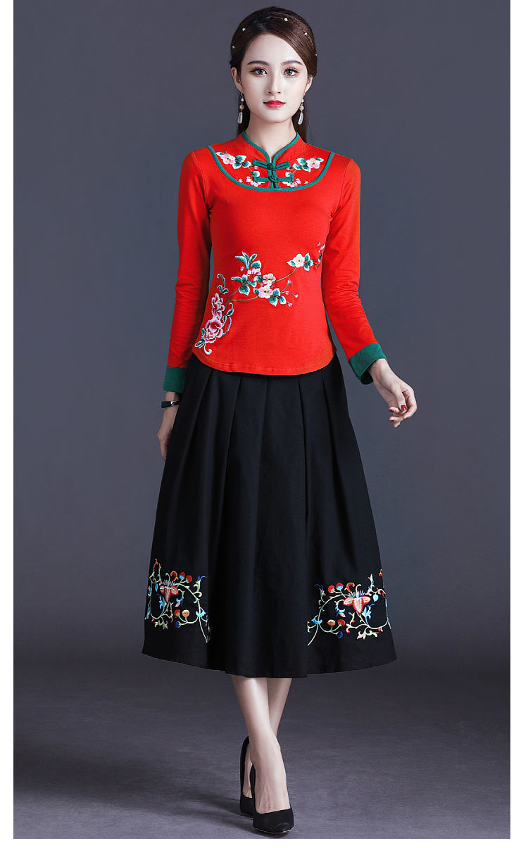 女装新款秋冬民族风绣花长袖t恤加绒打底衫新款中国风盘扣刺绣大码