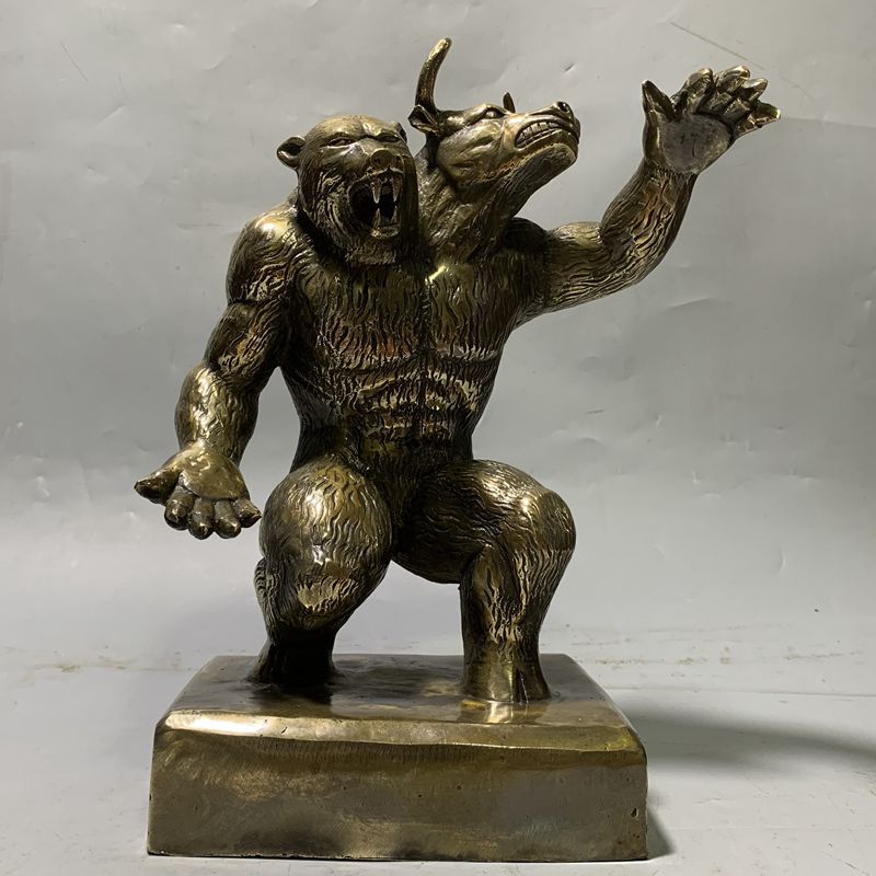 纤雅洁铜牛熊同体东方华尔街同款现代工艺收藏品酒店办公室证券所摆件