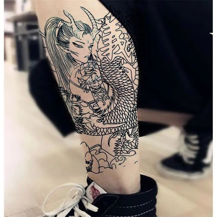 刀锋意志火焰麒麟貔貅纹身贴防水男花臂暗黑日月麒麟半臂仿真刺青贴w