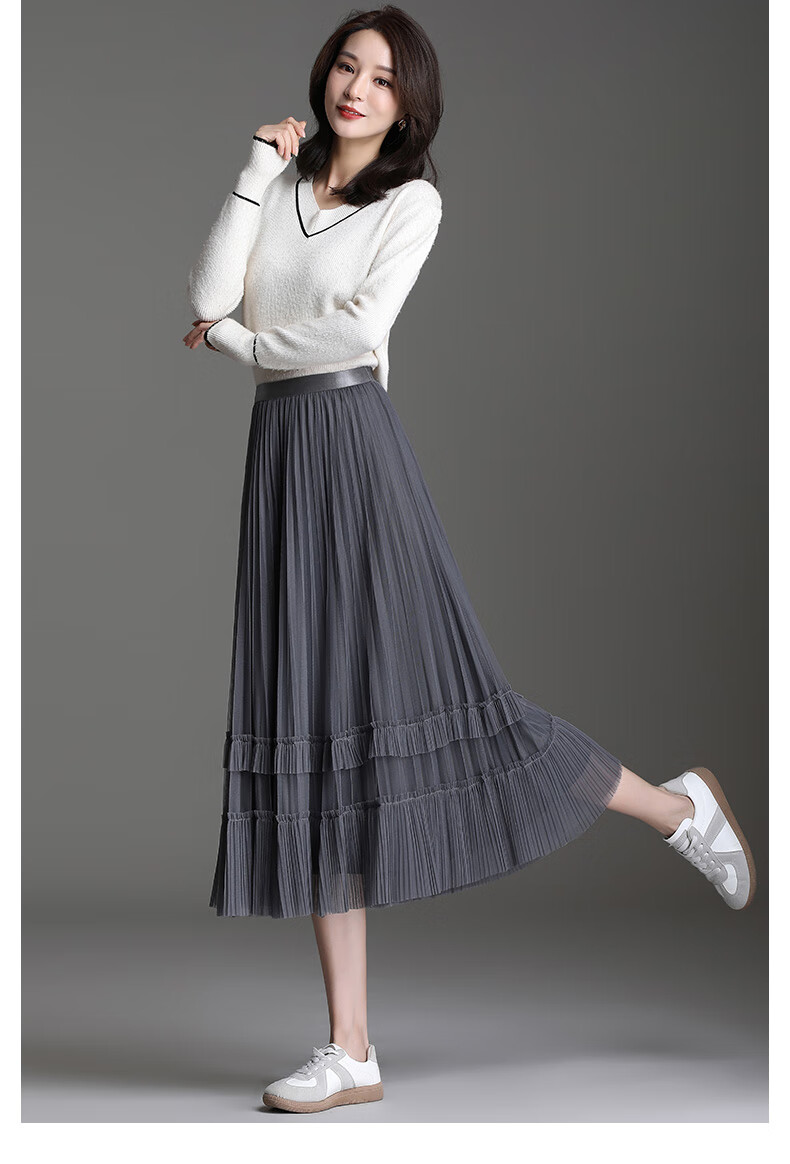 雅鹿自由自在两面穿网纱半身裙女年新款a字裙中长款百褶裙子79125咖色