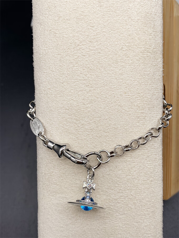 西太后手链薇薇安小巧银边黑边蓝色6mm立体透明珠土星手链银边无色珠