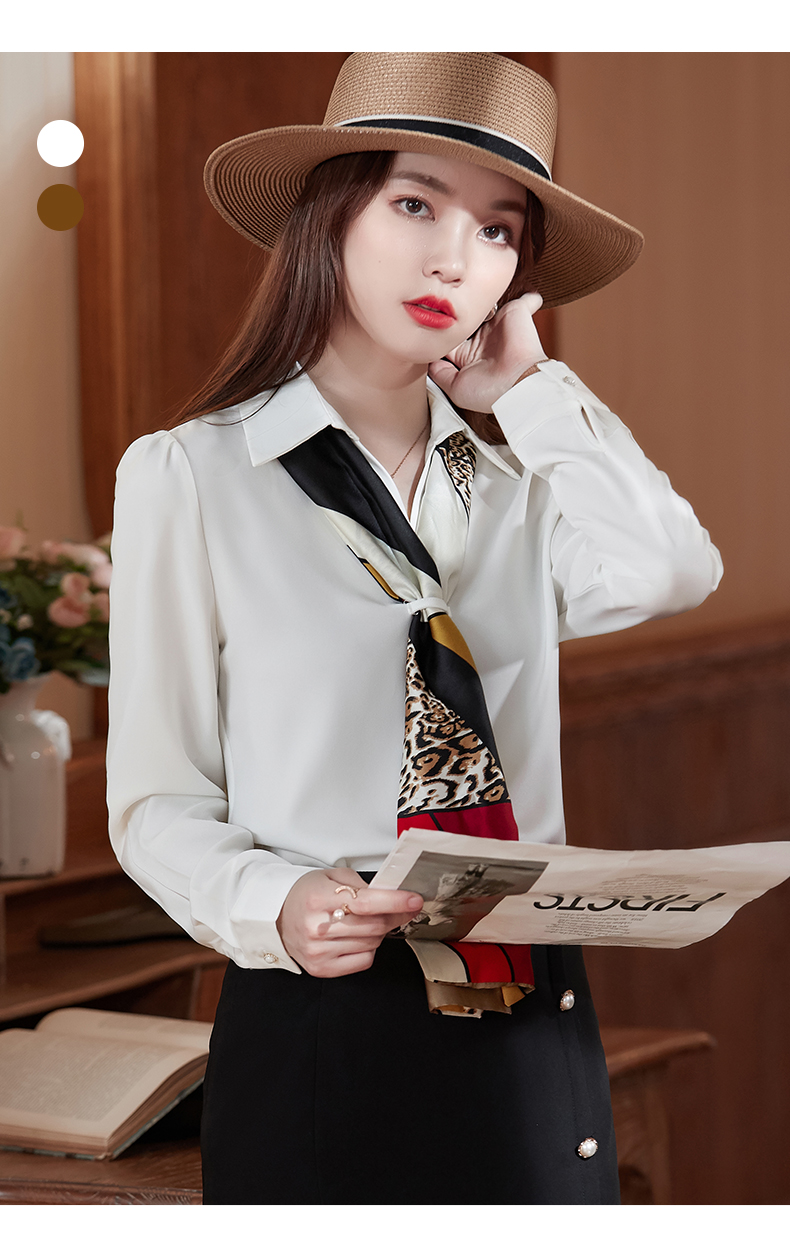 秦菲雪纺白色衬衫长袖女上衣春秋方领修身气质职业装打底百搭外穿衬衣