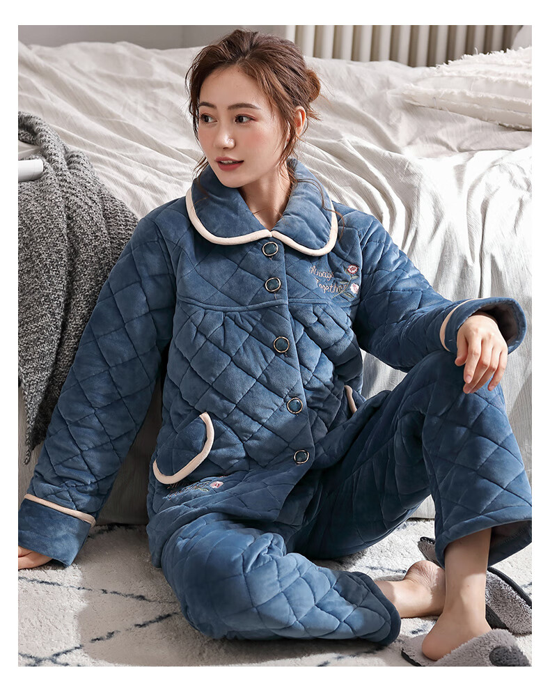 南极人女士睡衣冬季三层加厚加绒家居服保暖夹棉珊瑚绒可外穿套装ns