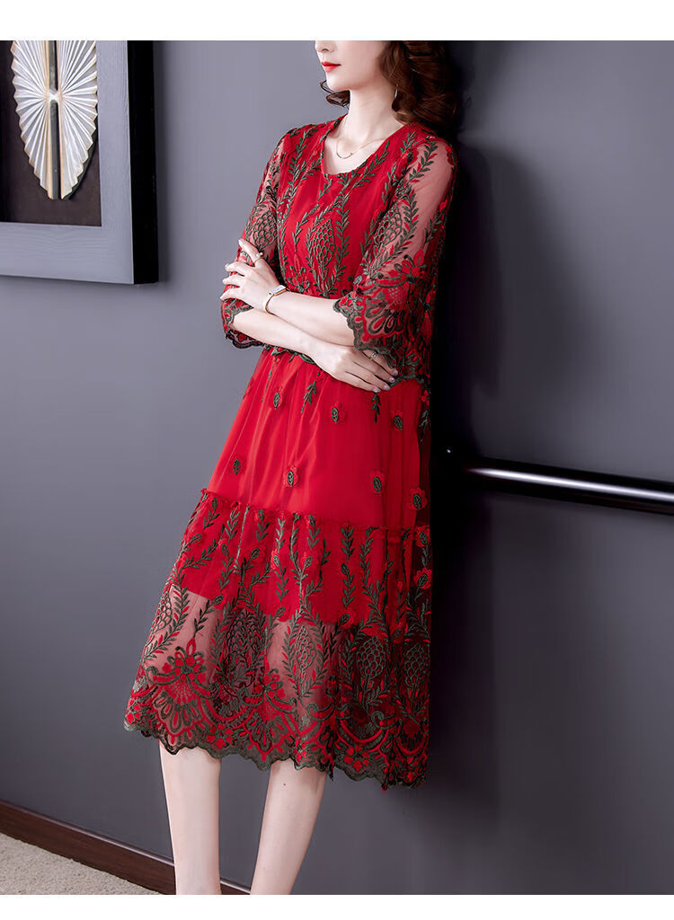 喜婆婆连衣裙夏天胖妈妈丈母娘婚宴时尚礼服参加婚礼穿的衣服女刺绣