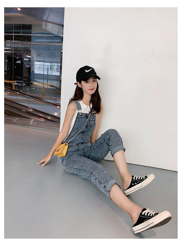 破洞牛仔背带裤女韩版宽松2021新款九分裤高腰显瘦连体少女裤子潮复古