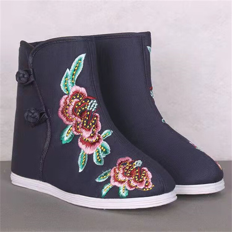 莲花底寿鞋 绣花寿鞋高帮女鞋棉靴子寿衣配件千层底布鞋莲花底鞋子 枣