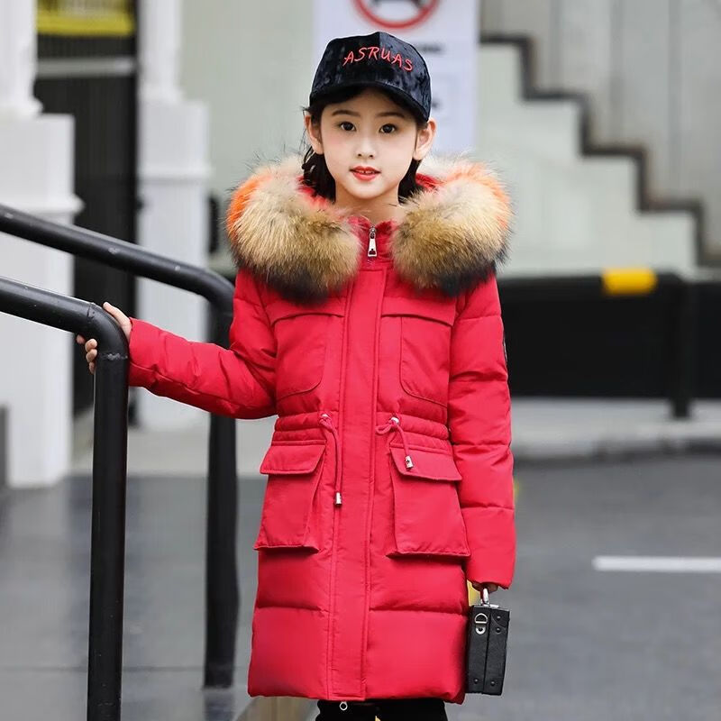儿童棉衣女童冬装小女孩棉衣新款中大童加厚长款中长款棉服大毛领白色