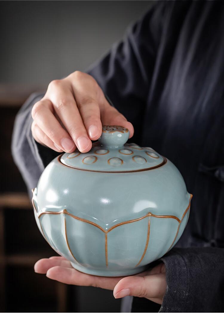 陶瓷罐邱卫国汝窑莲心茶叶罐汝瓷开片冰裂纹密封罐陶瓷储茶罐茶仓 豆