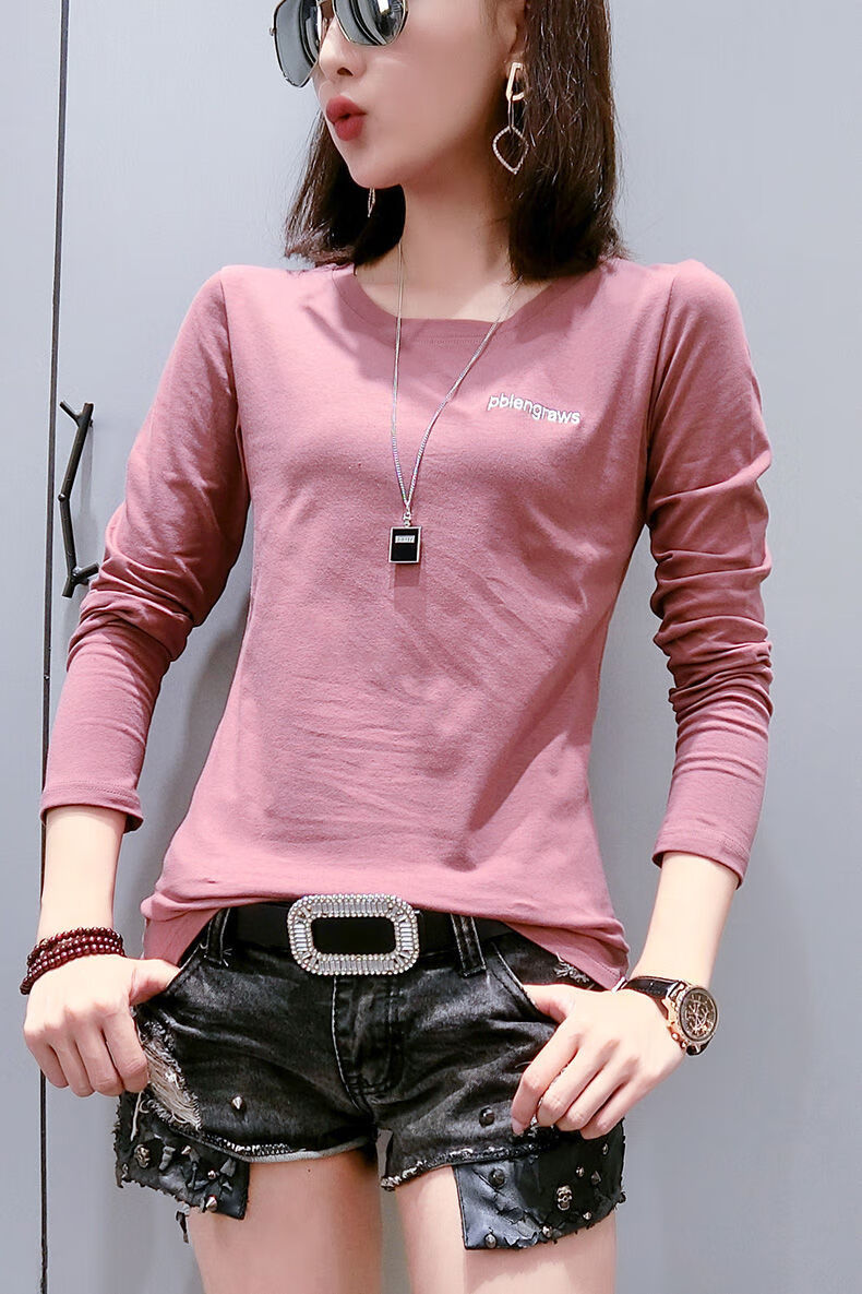 女装新款长袖t恤女时尚新款女装上衣流行潮气质百搭春秋款衣服白色2xl