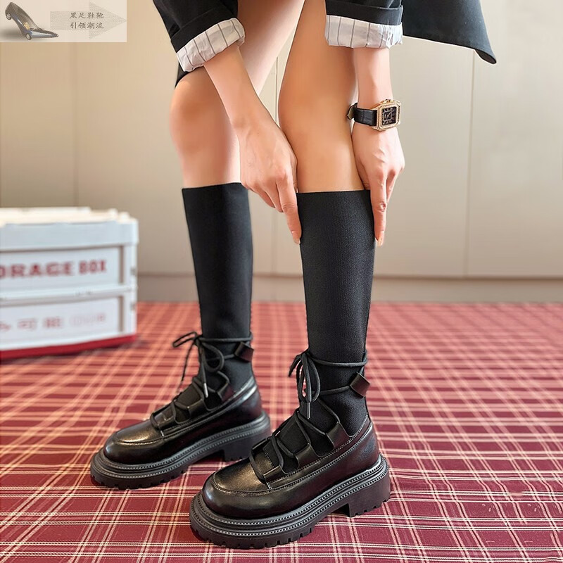 黑足大麦家定制女鞋显瘦小个子休闲中筒弹力袜靴-k18-1 棕色 35