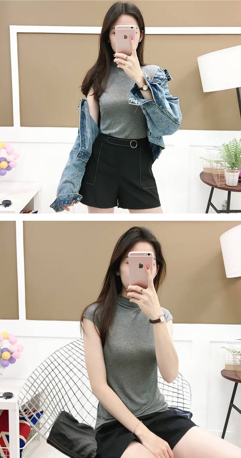 浪莎莫代尔黑色高领半高领短袖t恤打底衫女夏外穿内搭潮女士夏季女式