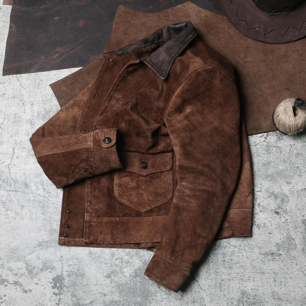 真眞皮皮衣反绒皮衣男士翻领外套复古皮夹克头层翻毛牛皮棕褐色m