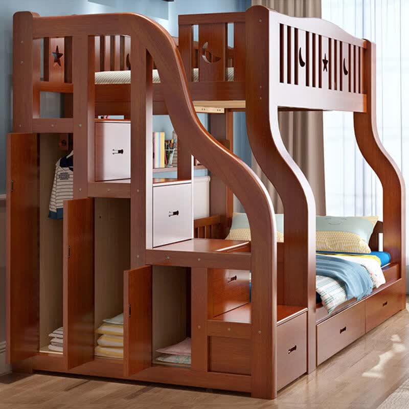 夏天 全实木上下床二层床多功能高低床两层成人上下铺木床床 爬梯 四
