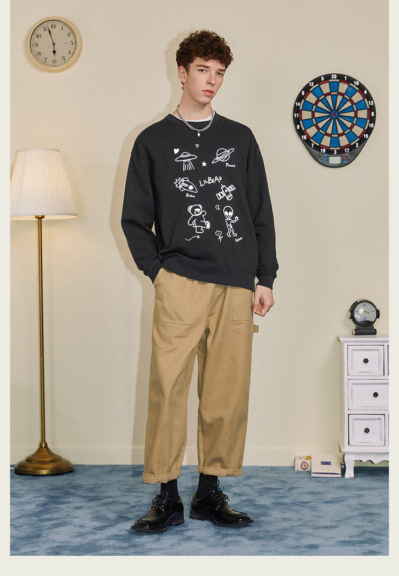 lilbetter小熊男士卫衣圆领套头衣服反光印花上衣港风休闲情侣装黑色