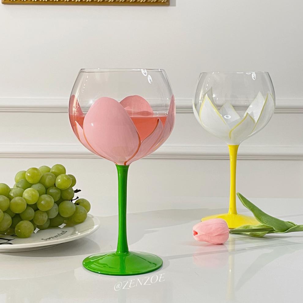 中古vintage杯zenzoevintage中古郁金香高脚杯ins手绘装饰果汁红酒杯