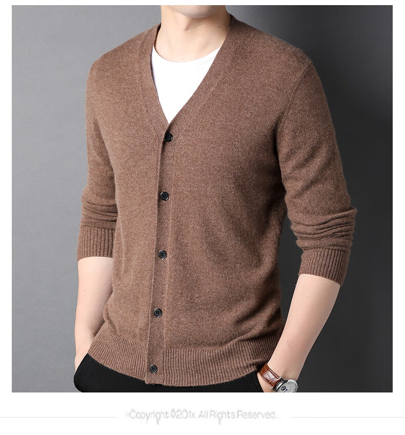 恒源祥羊绒衫纯山羊绒针织开衫男士春秋季v领纯羊绒休闲毛线外套中