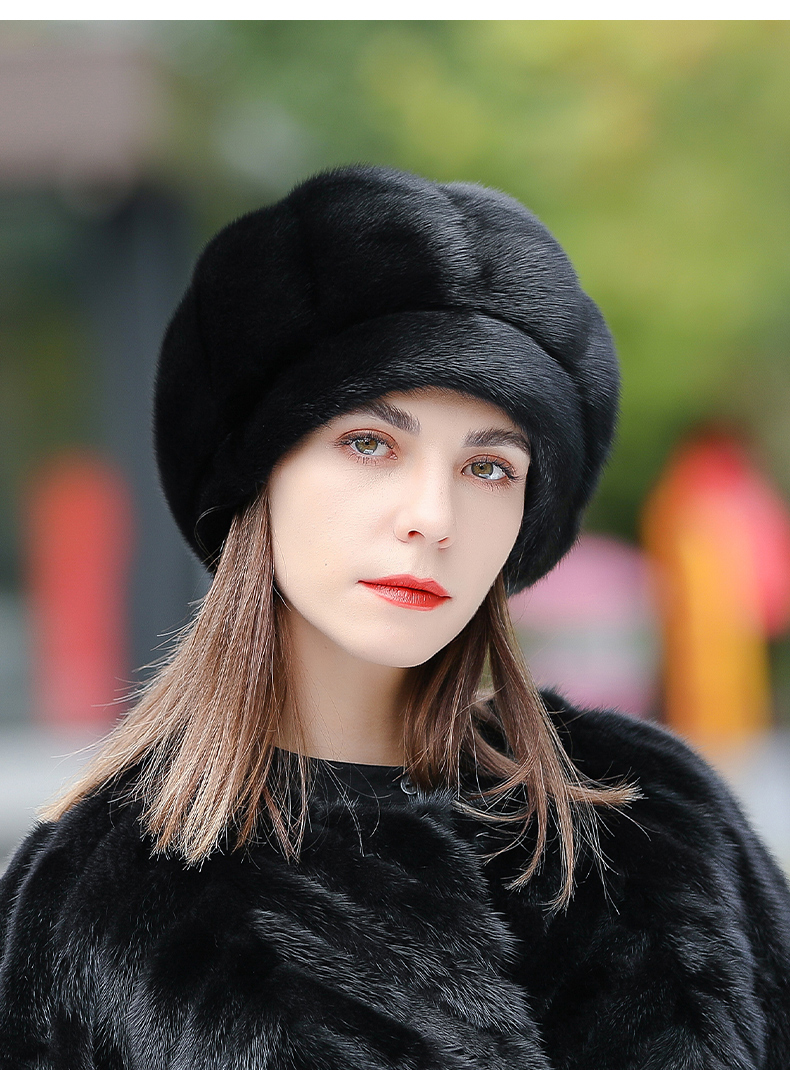 幕加格貂帽女冬季新款保暖水貂毛整貂贝雷帽冬天中老年妈妈皮草帽子