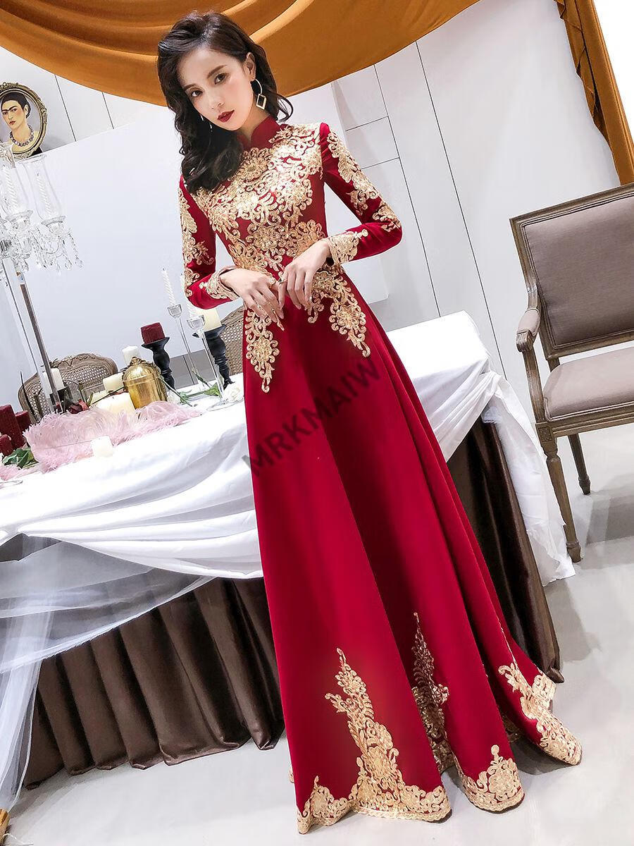 长袖敬酒服新娘2021秋冬款结婚回门答谢宴礼服女平时可穿优雅长款v领