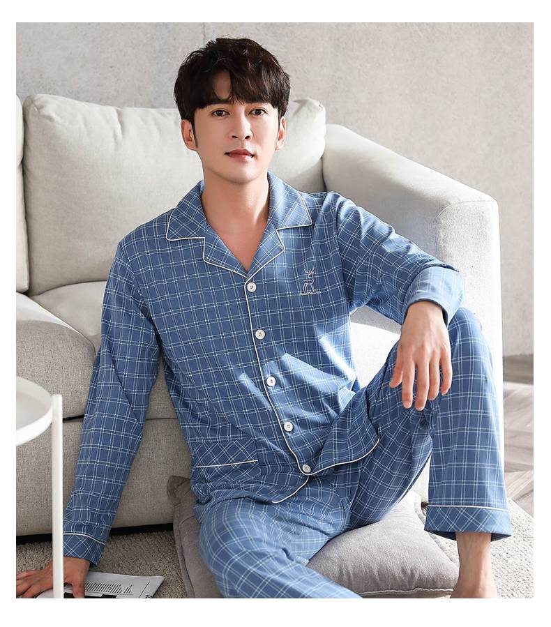 皮尔卡丹pierrecardin男士睡衣春秋季纯棉长袖家居服秋冬款全棉薄款