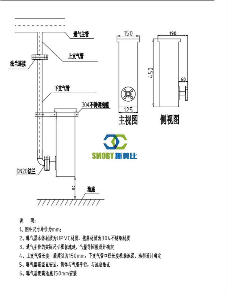 可提升旋流式曝气器含抱箍曝气筒ohr式蘑菇状切割tc2000c型侧式安装