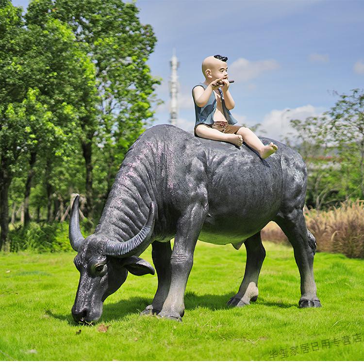 笼趣仿真牧童骑水牛雕塑摆件黄牛户外园林景观农耕装饰大型假动物模型