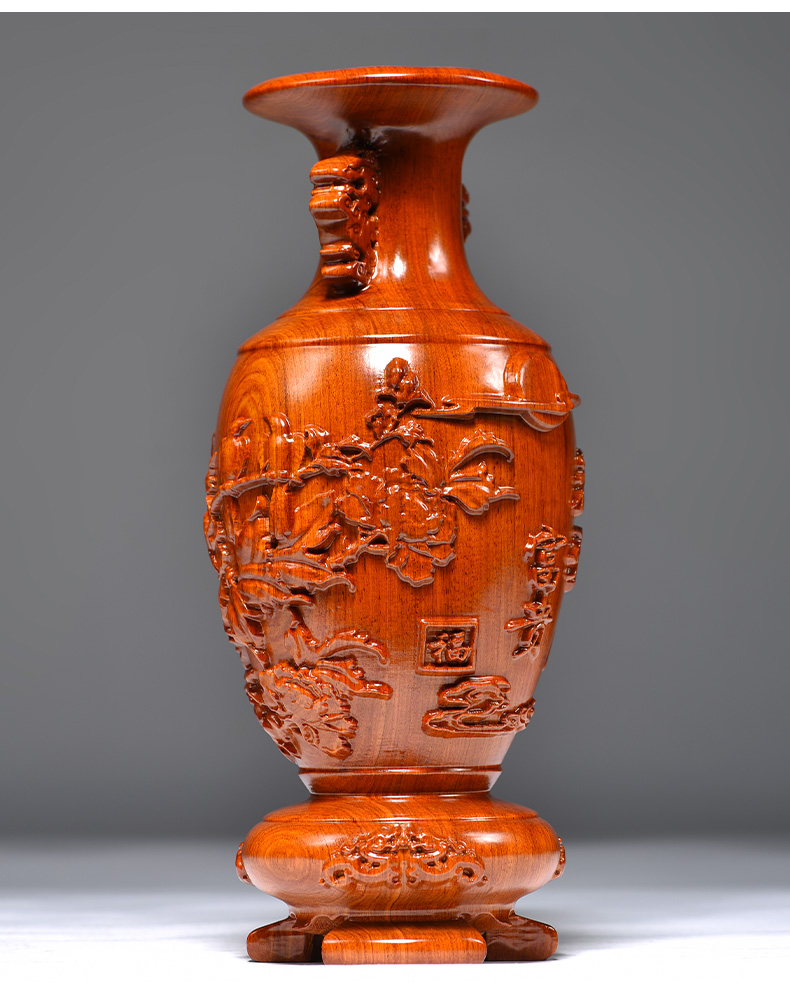 友漾花梨木雕刻花开富贵花瓶摆件客厅插花红木家居装饰实木送礼工艺品