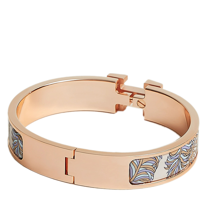 hermes爱马仕丁香紫珐琅饰y艺术图案印花镀玫瑰金饰面h标识手镯h