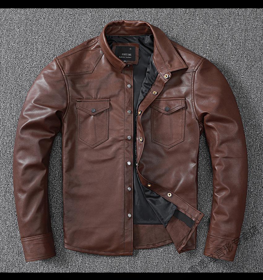 富贵鸟意大利绵羊皮真皮皮衣男衬衣修身型短款衬衫皮夹克外套巧克力色