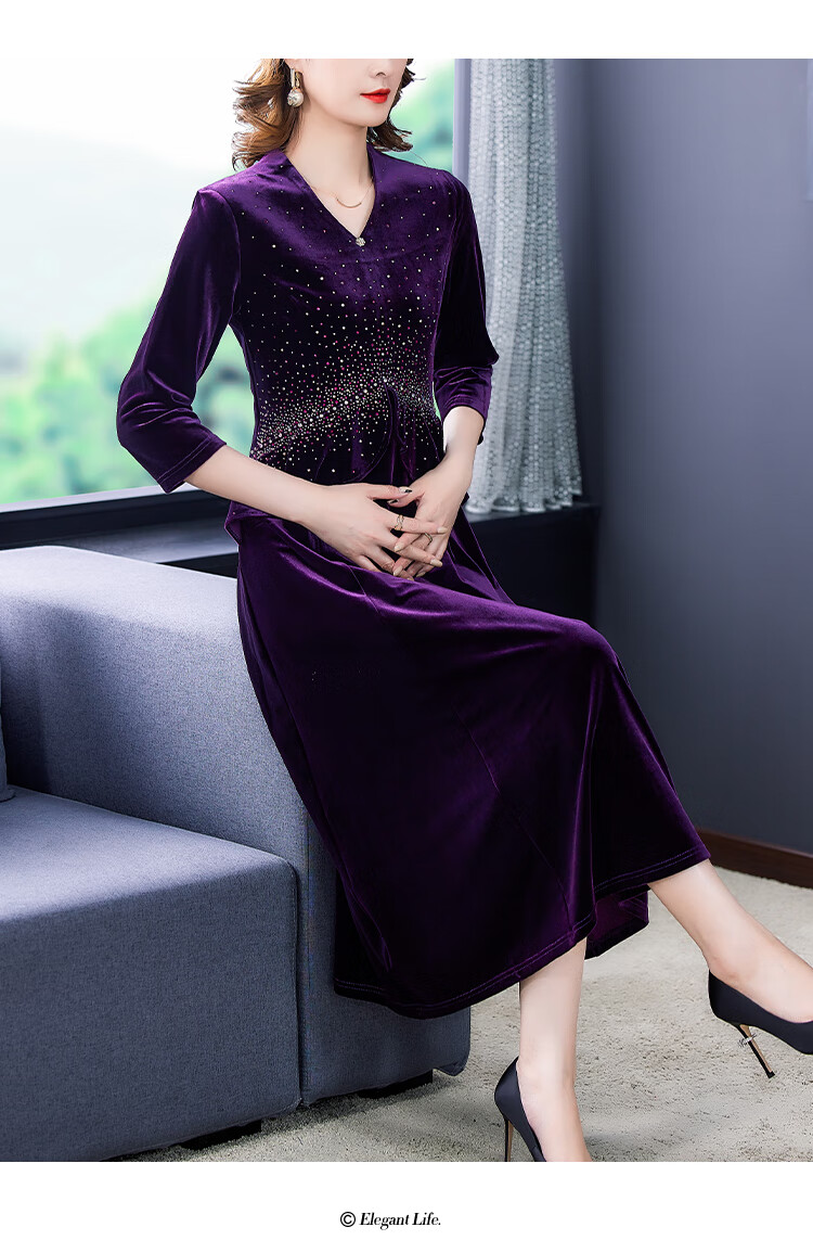 精品女装结婚妈妈装旗袍裙金丝绒婚宴礼服秋季年轻喜婆婆装连衣裙婚礼