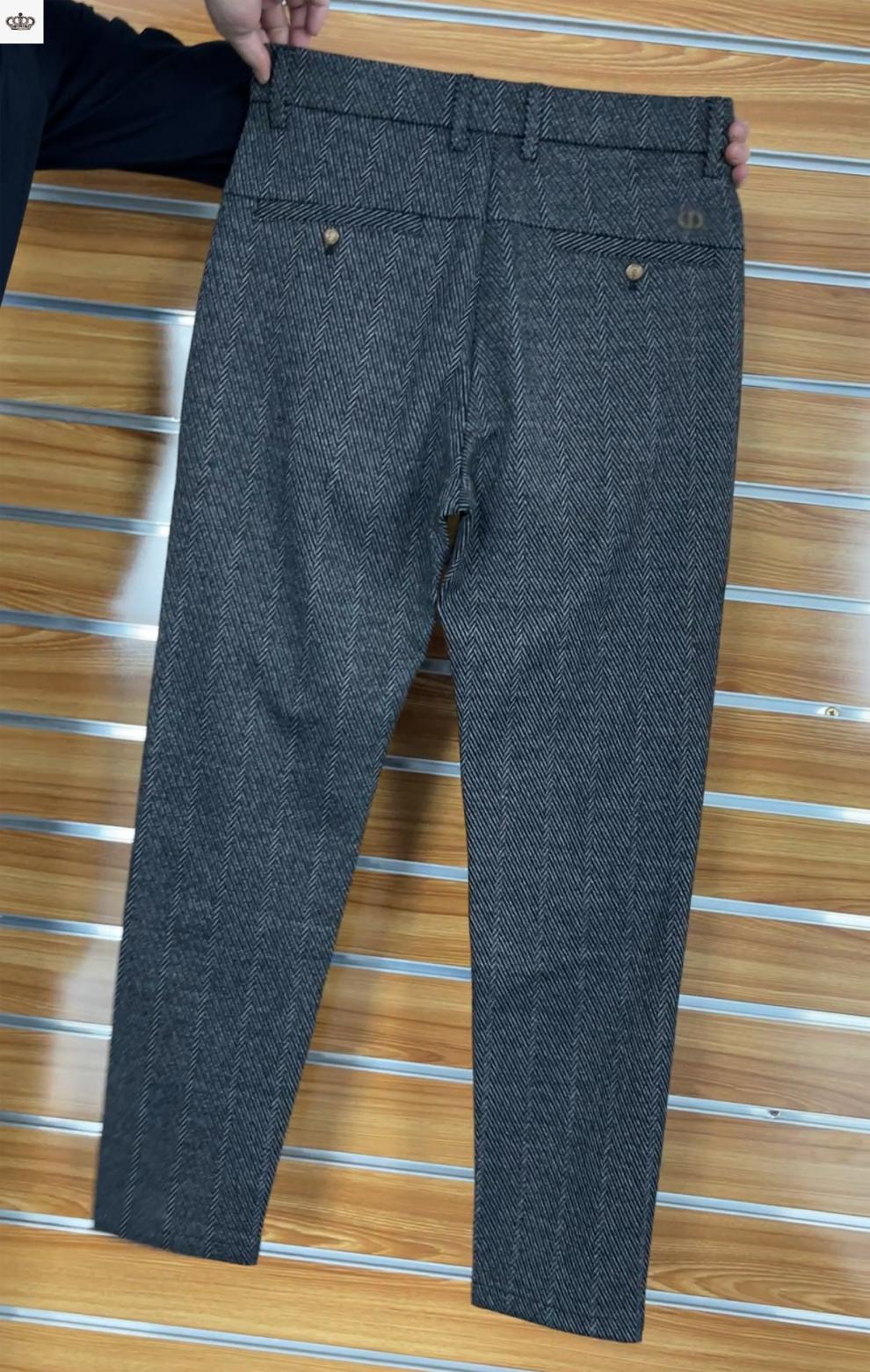抖音同款酷森男装店男裤冬季新品长裤子修身直筒条纹毛呢小脚裤深灰色