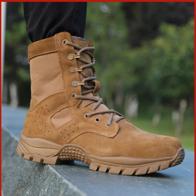 赤焰舰po20棕色作战靴男轻减震侧拉链战术靴牛皮陆战靴体能训练鞋作训