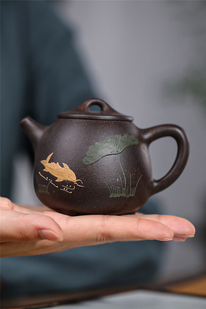 汇承奥 宜兴原矿黑金砂紫砂壶名家手工鱼趣高石瓢茶壶泥绘茶具礼品