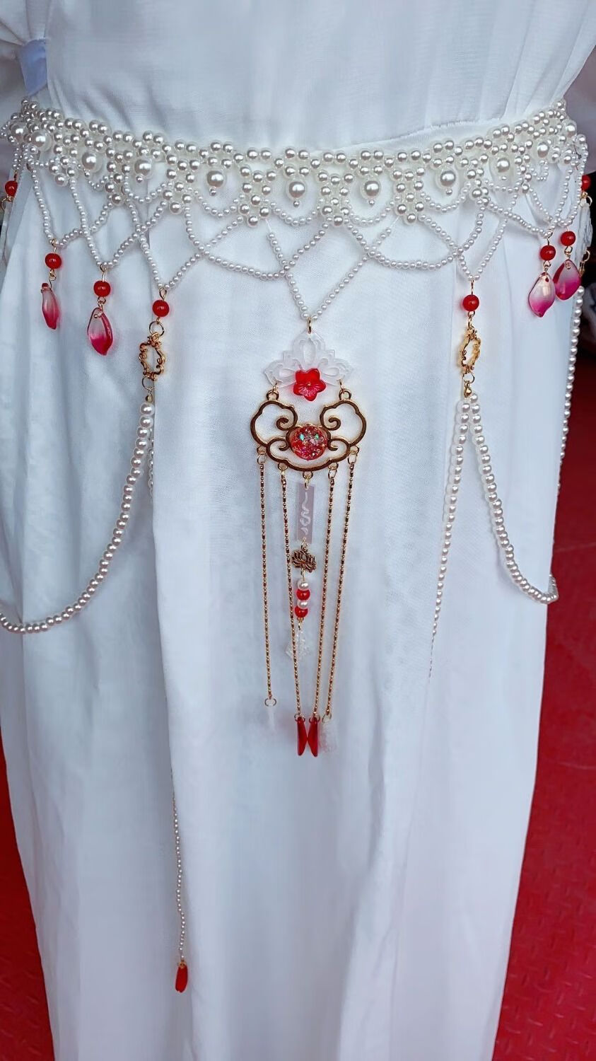 乔与乔伊汉服腰带女原创古装汉服古风长流苏珍珠白色腰饰唐风坦领齐腰