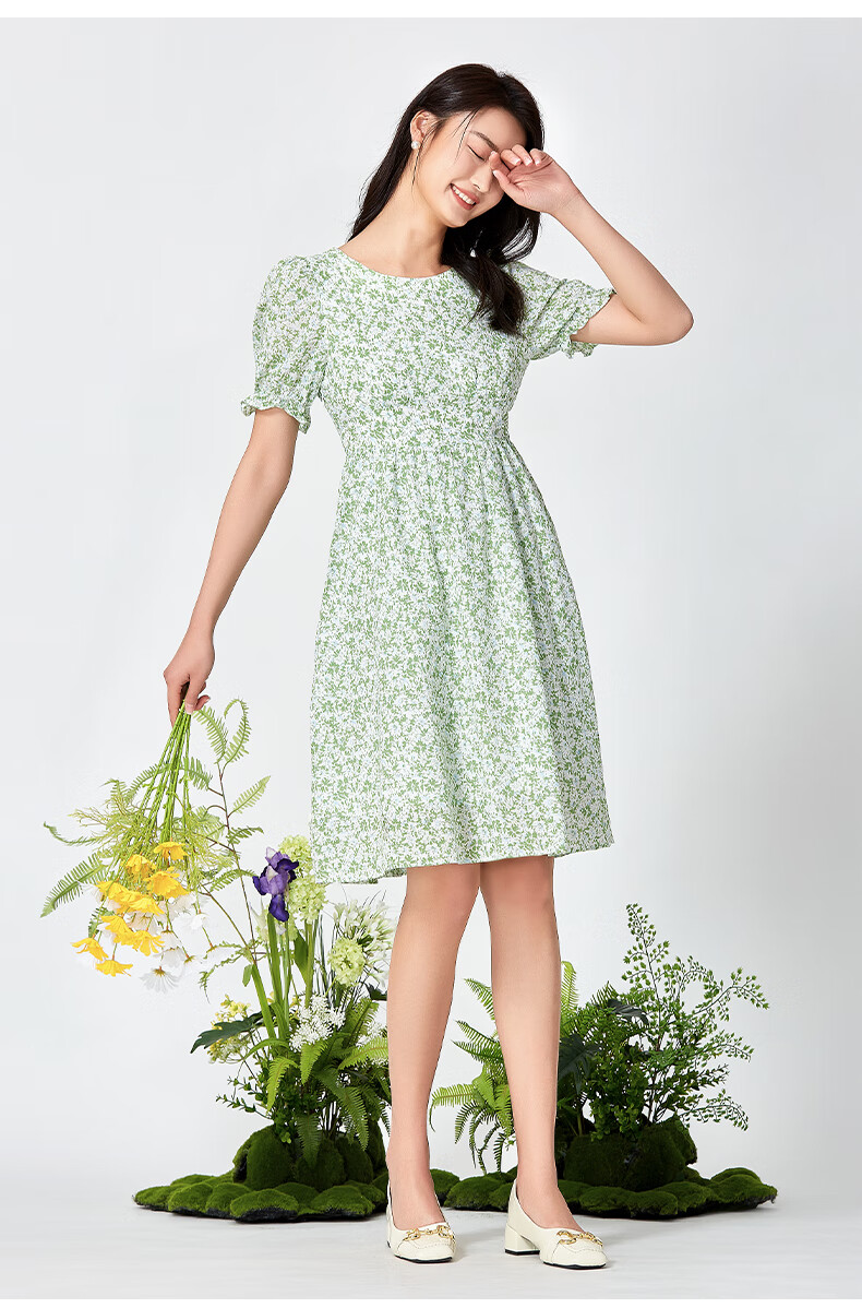 阿依莲2022年法式印花短袖连衣裙女夏季收腰显瘦碎花裙子 萌芽绿 xl