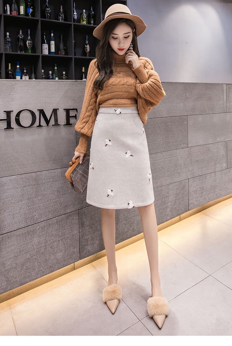毛呢半身裙女2021秋冬季新款绣花中长款包臀高腰显瘦蓝色偏深s建议