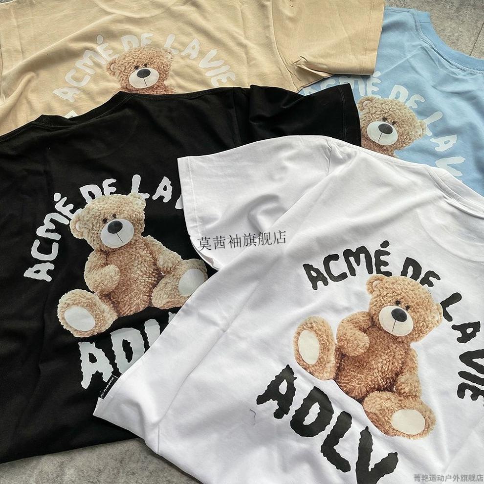 潮牌adlv泰迪熊印花短袖t恤卡通小熊减龄宽松男女情侣黑色l