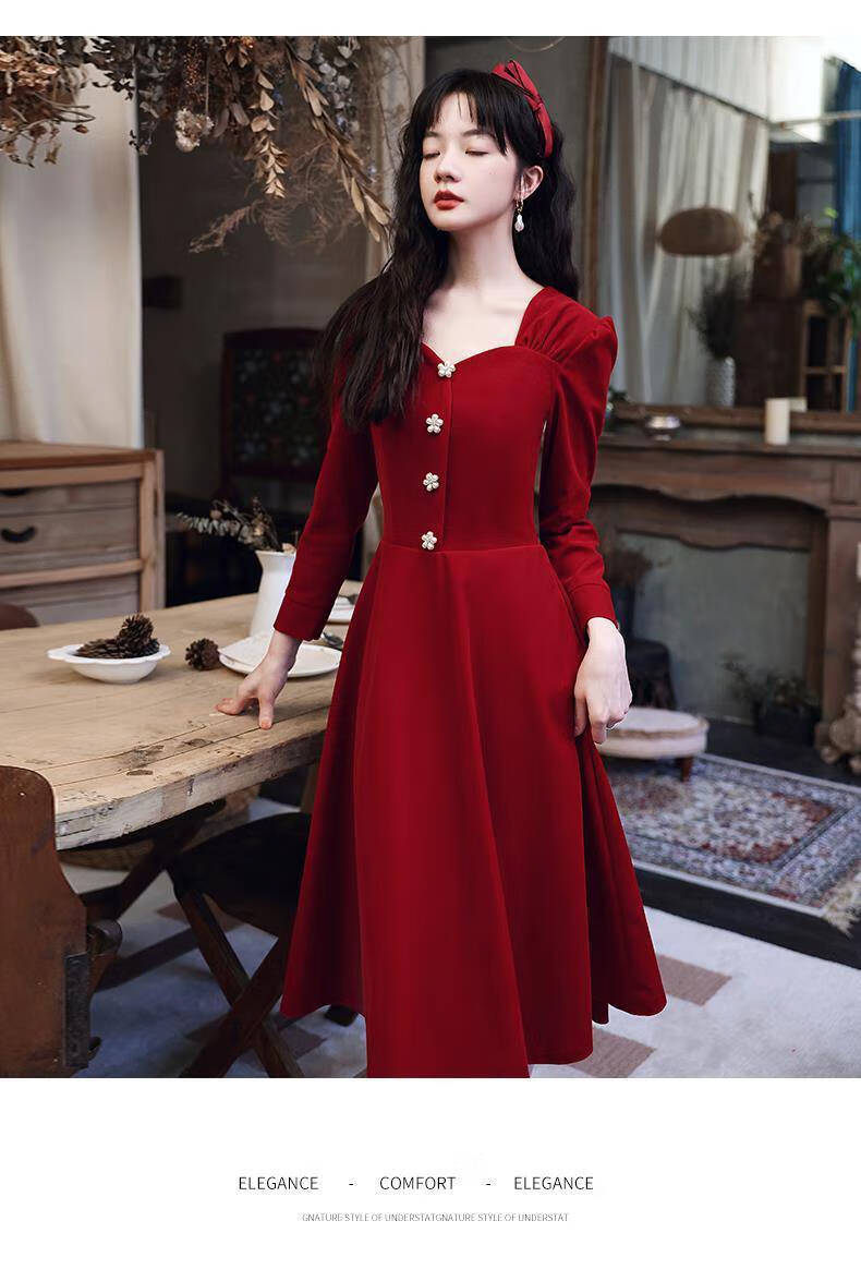 恒源祥酒红色敬酒服女秋冬订婚小个子裙回门连衣裙2021新款喜庆礼服裙