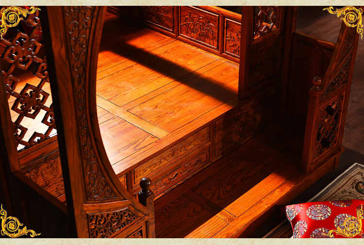 老榆木拔步床仿古床踏板式穿雕花架子床明清仿古古典木中式家具双人床