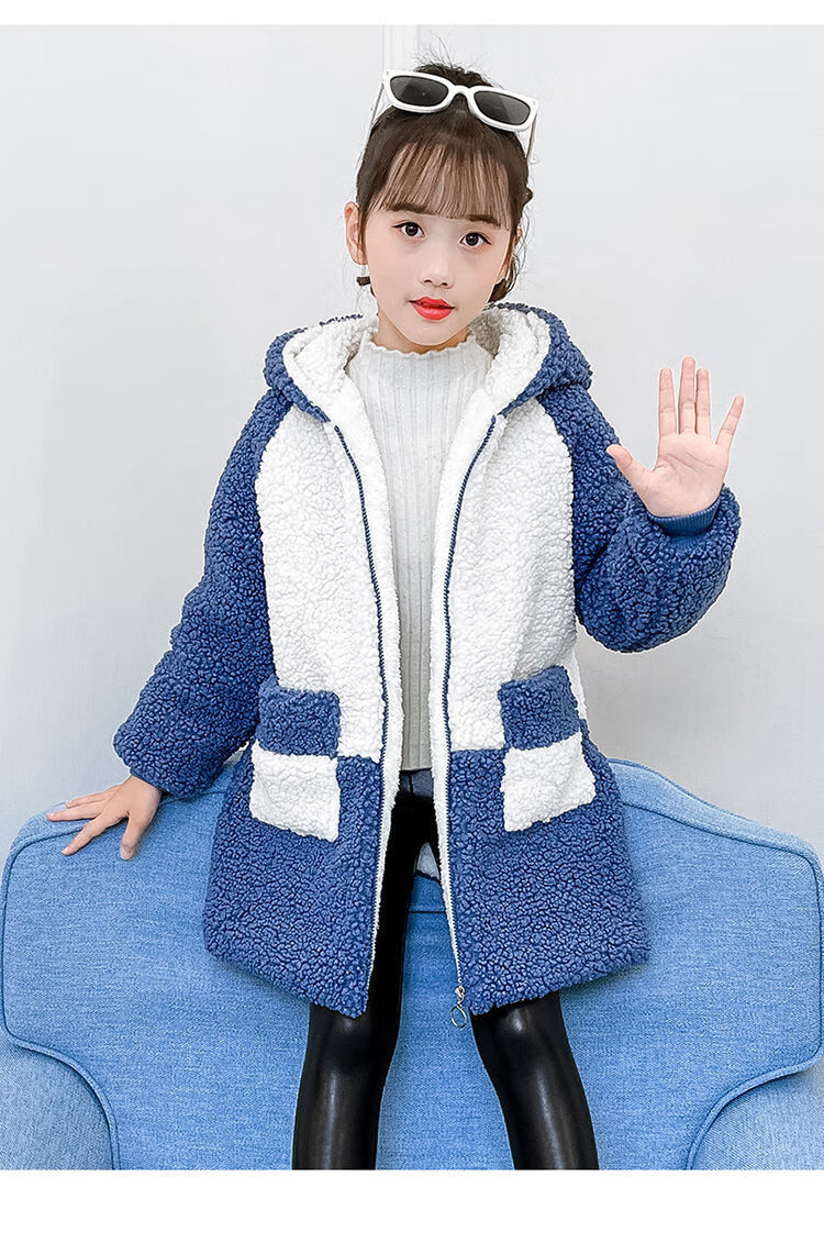 款加绒加厚2021中大童洋气棉服女孩毛毛衣蓝色120码建议身高110120cm