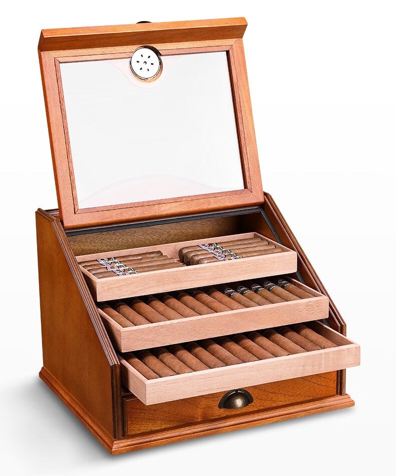 雪茄盒大容量保湿盒雪松木烟盒雪茄柜雪茄保湿箱 烤漆视窗约100支容量