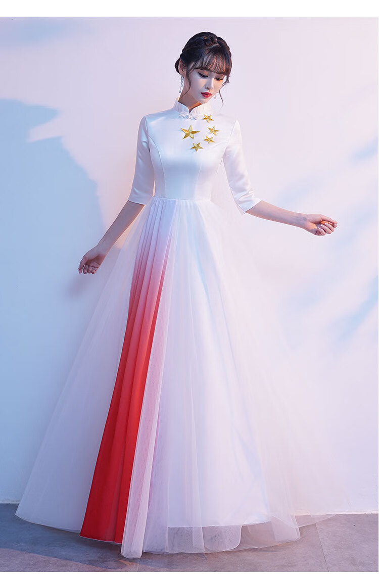 合唱服女士演出服爱国诗朗诵表演服装中国风红歌合唱礼服长裙 白色 s