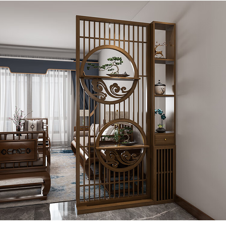 寻年新中式客厅实木屏风隔断入户正对门玄关柜遮挡简约现代木质置物架