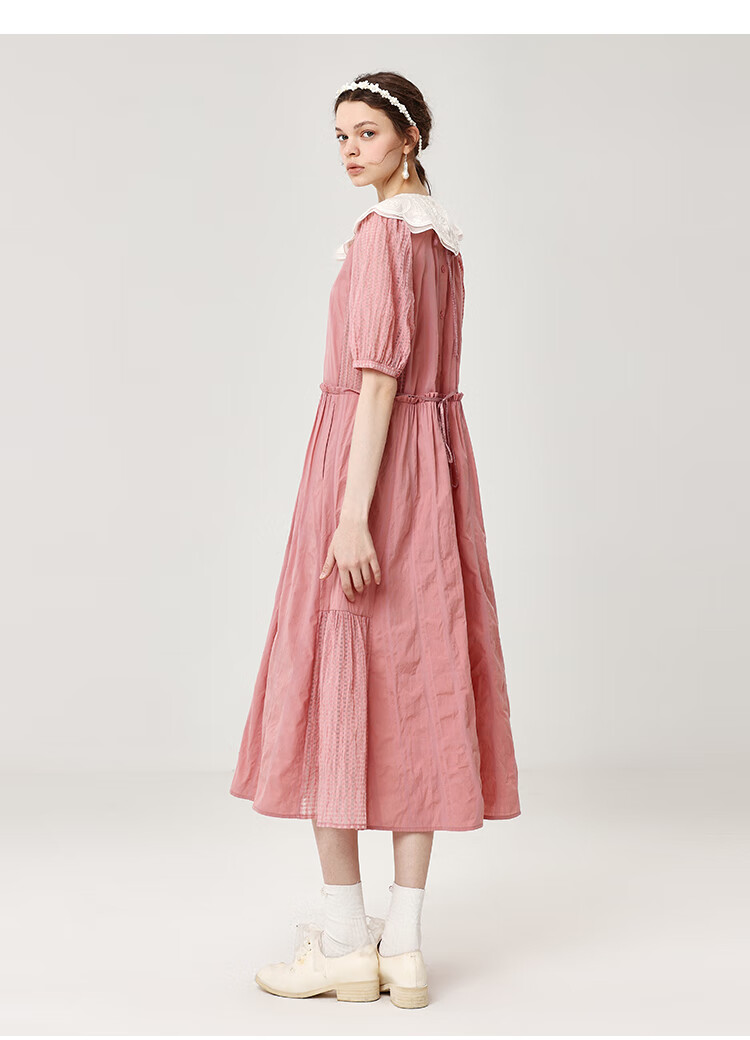 法式轻旅ein言2022春夏新品方领粉色短袖连衣裙女烟粉色s