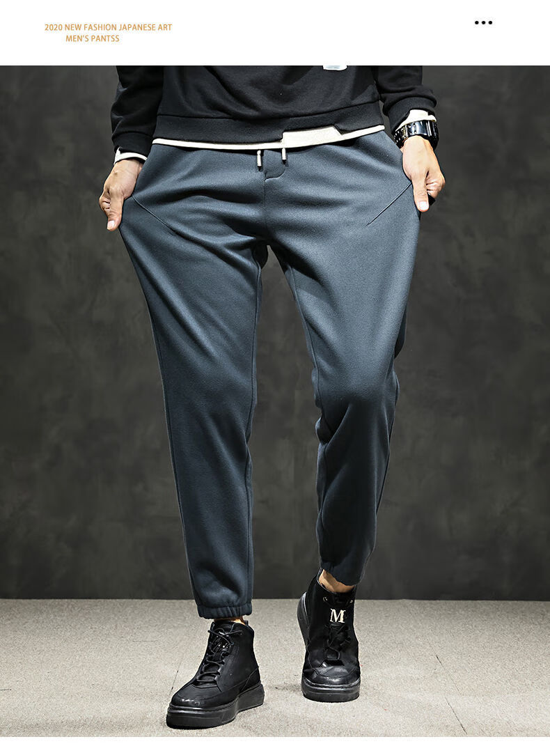 冬季潮流加绒毛呢裤子男士加厚抗寒冬装学生百搭保暖休闲小西长裤黑色