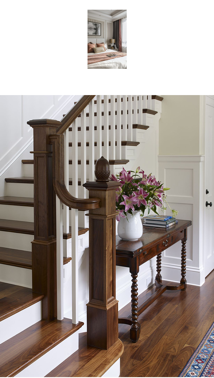 实木楼梯扶手红橡 实木楼梯定制原木旋转家用红橡木扶手踏步板美式